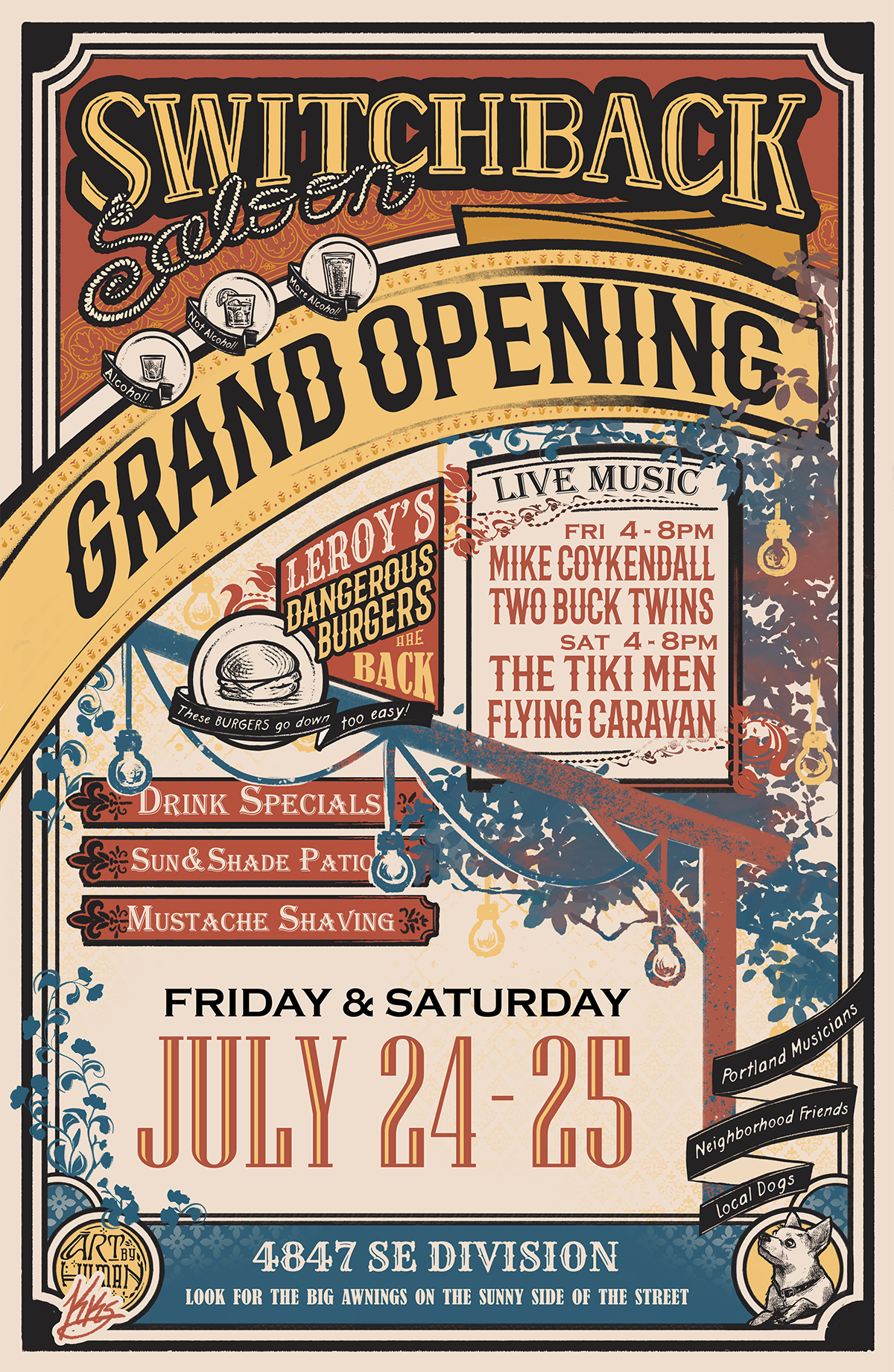 Switchback Saloon Grand Opening weekend poster — Friday and Saturday, July 24–25, with live music, drink specials, and Leroy’s Dangerous Burgers